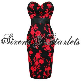 LADIES NEW RED FLORAL FITTED STRAPLESS VTG PENCIL EVENING COCKTAIL 