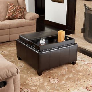 Two 2 Tray Top Espresso Brown Leather Storage Ottoman Coffee Table