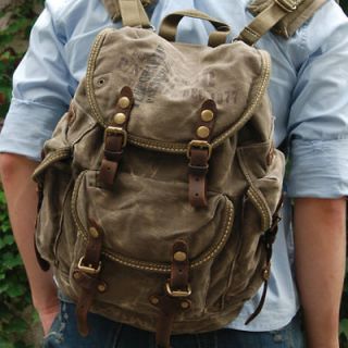 CHIC 5267 KHAKI CANVAS MILITARY LEATHER BUTTON RUCKSACK BACKPACK MENS 