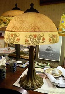 VINTAGE ART NOUVEAU REVERSE PAINTED TABLE LAMP FLOWERS w/DECORATIVE 