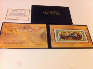 TWO$  COLORIZED $2 DOLLAR BILL WITH PRESENTATION GIFT CASE& COA  NOTE 