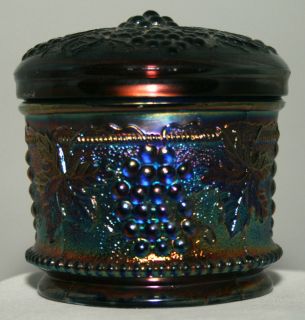 Carnival glass dresser box, powder jar, Northwood, Grape & Cable, blue 