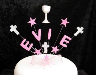 FIRST HOLY COMMUNION CAKE TOPPER WITH NAME & CHALICE, PINK, BLUE,LILAC