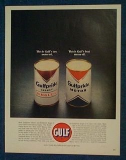 1963 Gulf Oil Ad ~ Two Large Gulfpride Oil Cans Shown