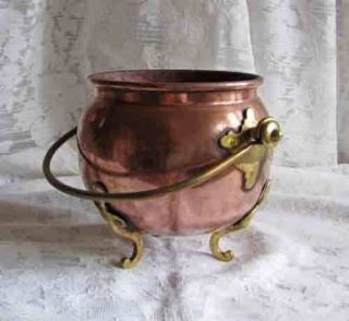 VINTAGE COPPER & BRASS FOOTED KETTLE PLANTER 7 x 8.5