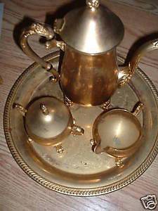 Vintage Gold Plated Tea Set Teapot Sugar Creamer Tr