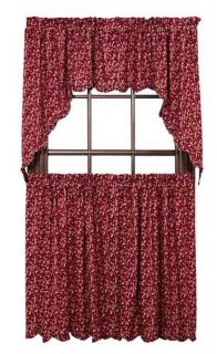   Window Tiers Set Primitive Burgundy Red Country Floral Cafe Curtains