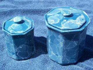 Marble CERAMIC Country BLUE CANISTERS with Lids 4 & 5 Kitchen Bath 