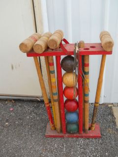 antique very vintage croquet set outdoor lawn game 6 player wood needs 