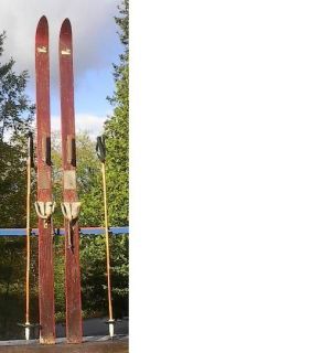 ANTIQUE Wooden Skis 71 Wood J.C. HIGGINS Skiis + Bamboo Ski Poles
