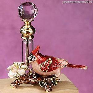  Bejeweled Red Bird & Flower Pewter Perfume Bottle Crystal Jewelry