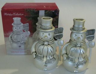   SILVER PLATED SATIN FINISH SNOWMAN CANDLE HOLDERS W/CRYSTAL STONES