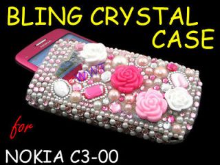 HQ Bling Crystal Back Cover Hard Case Flower Pink Rose for Nokia C3 