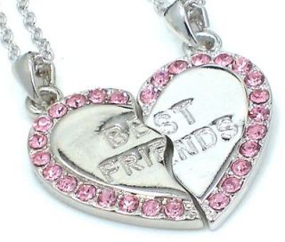   ♥♥ Heart Silver Tone Pink Crystal 2 Pendants 2 Necklaces New USA