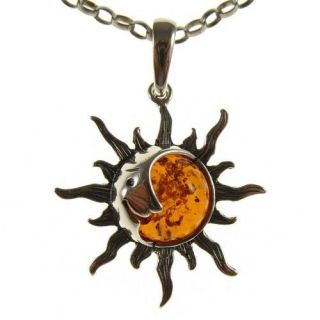 BALTIC AMBER STERLING SILVER 925 SUN MOON PENDANT NECKLACE CHAIN 