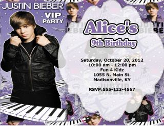 10 CUSTOM JUSTIN BIEBER BIRTHDAY PARTY INVITATIONS OR THANK YOU CARDS