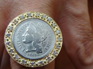   18K GOLD STERLIUM SILVER US 1865 COIN RING DIAMOND BEZEL CUSTOM MADE