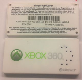 MICROSOFT XBOX 360 PROMO TARGET GIFT CARD #0865 START UP SOUND LIGHT 