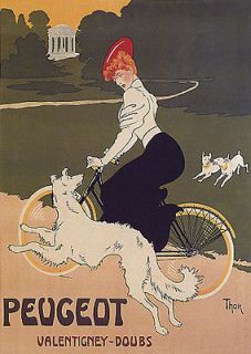 BICYCLE BIKE CYCLES DOGS GIRL PEUGEOT DOUBS FRANCE VINTAGE POSTER 