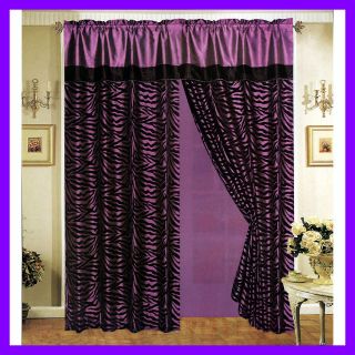 Black/Purple Zebra Stripe Satin Window Curtain Drape Set +Sheer Liner 