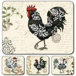 JASON DAMASK ROOSTER CORK & HARDBOARD WOOD PLACEMATS SET OF 4 NEW 