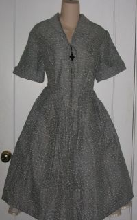   1950s Black White Gingham Checked House Day Dress Flocked Dots L XL
