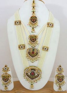   OFF WHITE PEARL CZ 4PCS GOLD TONE LONG RANI HAAR NECKLACE SET JEWELRY