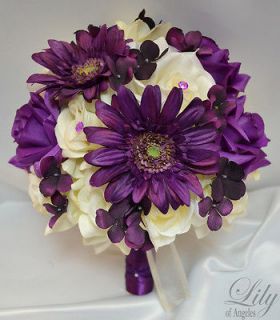   Bridal Bouquet Package Decoration Silk Flower IVORY PURPLE PLUM