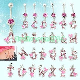   INITIAL LETTER DANGLING PENDANT BARBELL NAVEL BUTTON BELLY RING BAR