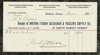 1915 Billhead Boston Pigeon Exchange & Poultry Supply Co MA Sold 6 