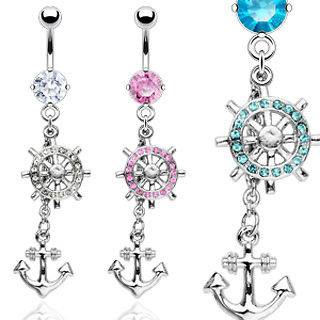 316L Surgical Steel Rhinestone Anchor Dangle Barbell Navel Belly Ring 