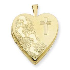 New Gold Filled Footprints in the Sand & Cross 20mm Heart Locket w/18 