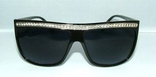 Black Oversized Sunglasses Faux Diamond Rhinestone Flat Top Brow Luxe 