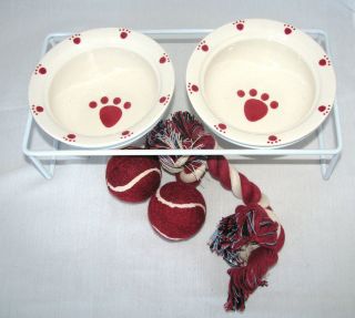 6PC DOG or CAT WHITE+RED PAW FOOD+WATER BOWL+METAL STAND+2 BALLS+ROPE 