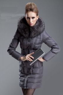Womens Big Raccoon Fur Hoodie Zipper Down Coat Belt Y003 Gray S/M/L 