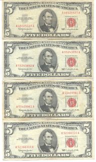 LOT OF 4 1963 RED SEAL 5 DOLLAR BILL (C) GOOD CONDITION