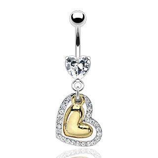   Solitare Clear Gem Heart Dangle Navel Belly Ring Gold Plated Jewel