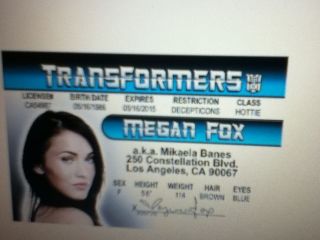   TRANSFORMERS Mikaela Banes Megan Fox id card novelty Drivers License