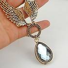   BRONZE ANGEL WING & DROP SHAPE GRAY CRYSTAL PENDANT CHAIN NECKLACE