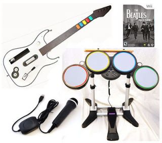   Wii ROCK BAND BEATLES Game w/Wireless Guitar Drums Mic bundle set