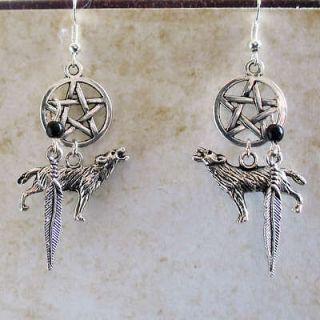 Wolf Feather & Pentacle Earrings   Goth Pagan Wiccan Dream Catcher 