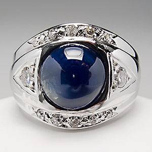 Mens 3.6 Carat Blue Sapphire & Diamond Ring Solid 14K White Gold 
