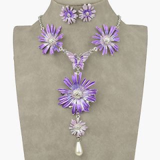  Enamel Sunny Floral Pearl Necklace Earring Pendant Set A2011K