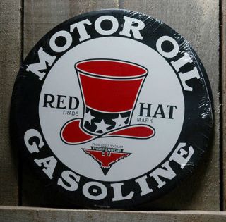 METAL RED HAT MOTOR OIL & GASOLINE TIN SIGN CAR GARAGE MAN CAVE SIGNS
