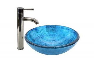 Hand Paint Blue Color Bath Bathroom Tempered Glass Vessel Sink 