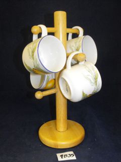 VTG Totally Today 4 Coffee Mugs Cups & Wood Stand 14 Yellow Pear 