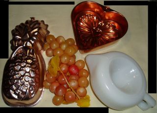Vintage Copper Jello Molds Heart & Pineapple/ Sunkist milkglass 