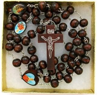 Mens Catholic Wooden Cross Beaded Rosary Necklace 30 Brown Gift 