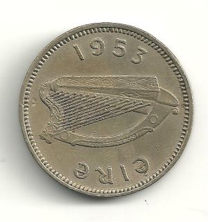 VERY NICE 1953 IRELAND THREE 3 PENCE COIN HARP/RABB​IT 1.2 MILLION 