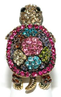 ADORABLE TURTLE MULTI COLORS AUSTRIAN CRYSTAL STRETCH BAND RING (R006)
